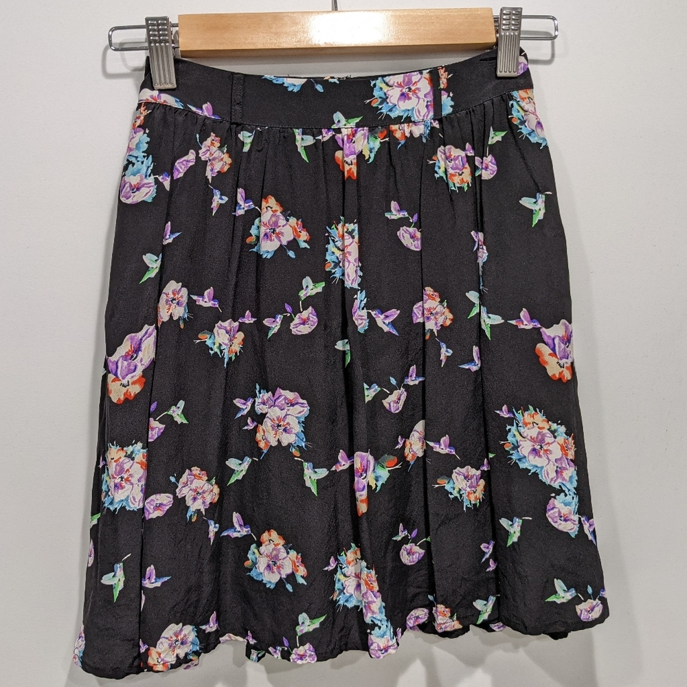 YUMI KIM Silk Skirt - Black Neon Hummingbird Print